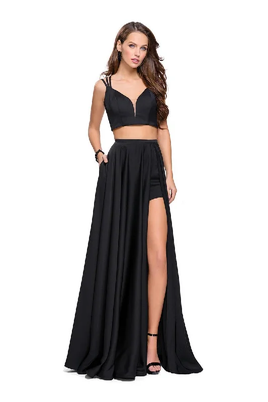 Formal Dress for Tennis TournamentsLa Femme - 25288 Two-Piece Plunging Strappy Satin A-Line Gown