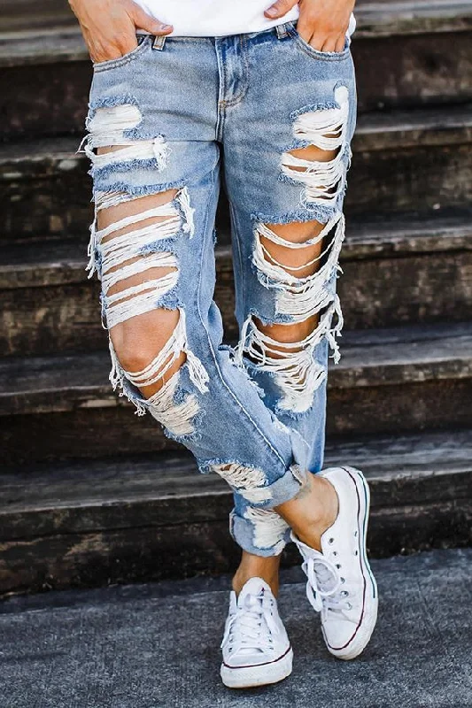 women's denim jeans with cotton blendKittenAlarm - On-trend Ripped Straight Jeans