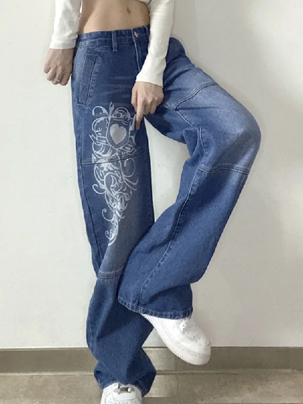 women's denim jeans for a chic appearanceKittenAlarm - New Printed Baggy Y2K Jeans Women's Low Waist jeans Autumn Winter Oversize Wide Leg Baggy Pants Casual Cargo Trousers