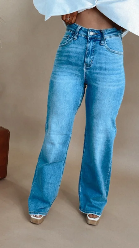 women's blue denim jeansHigh Rise Wide Leg A Line Denim Jeans, Righteously VERVET