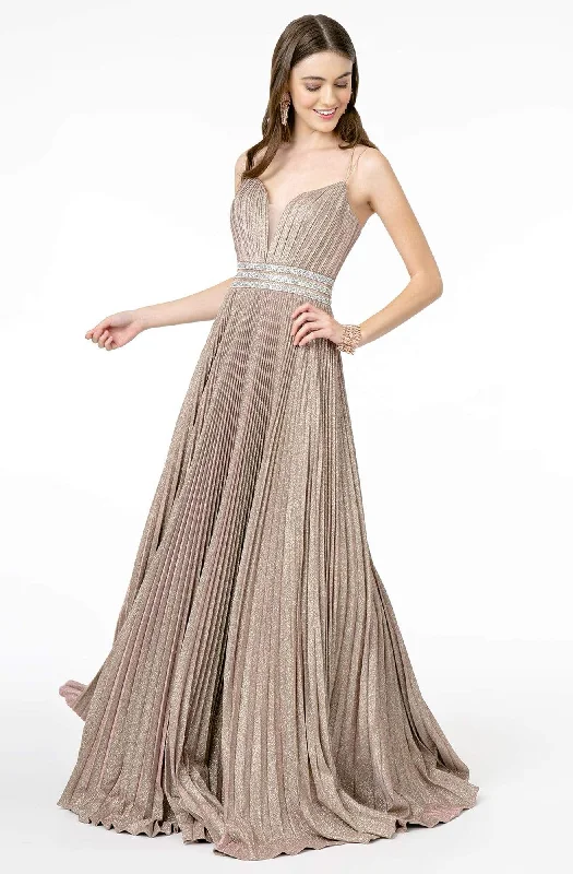 Formal Dress for Holiday PartiesElizabeth K - GL2905 Deep V Neck Pleated Metallic Glitter A-Line Gown