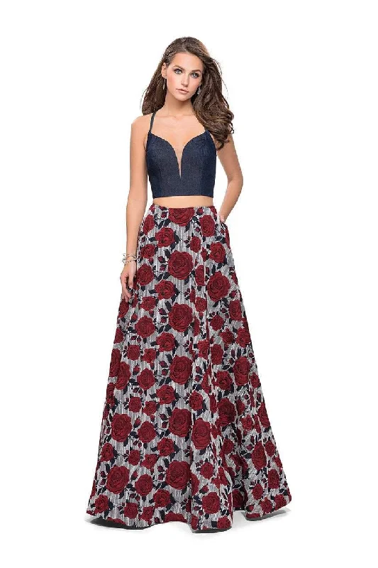 Formal Dress for Cocktail PartiesLa Femme - 25789 Two Piece Plunging Denim Open Back A-line Gown