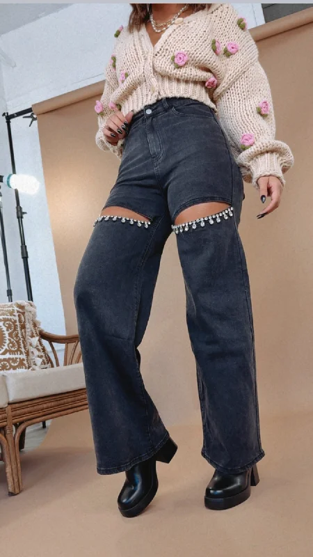 women's denim jeans for workoutsHere To Shine Rhinestone Slit Wide Leg Jeans, Black