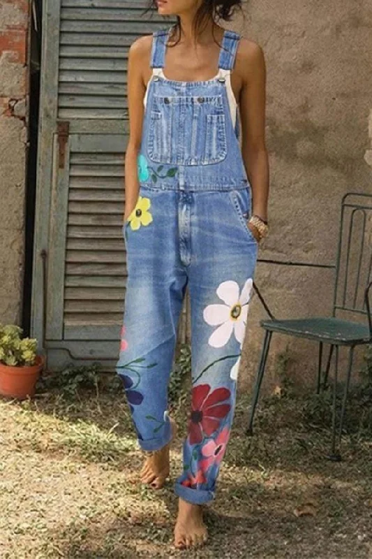 women's denim jeans for travelKittenAlarm -  Flower-printed Baggy Jeans With Suspenders(3 Colors)