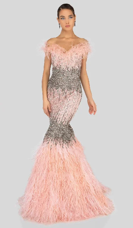 Formal Dress for Academic AwardsTerani Couture - 1911GL9512 Feather-Fringed Bejeweled Mermaid Gown