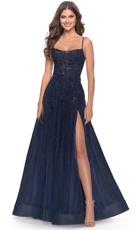 Formal Dress for Semi-Formal EventsLa Femme 31381 - Lace-Up Open Back Beaded Tulle Gown