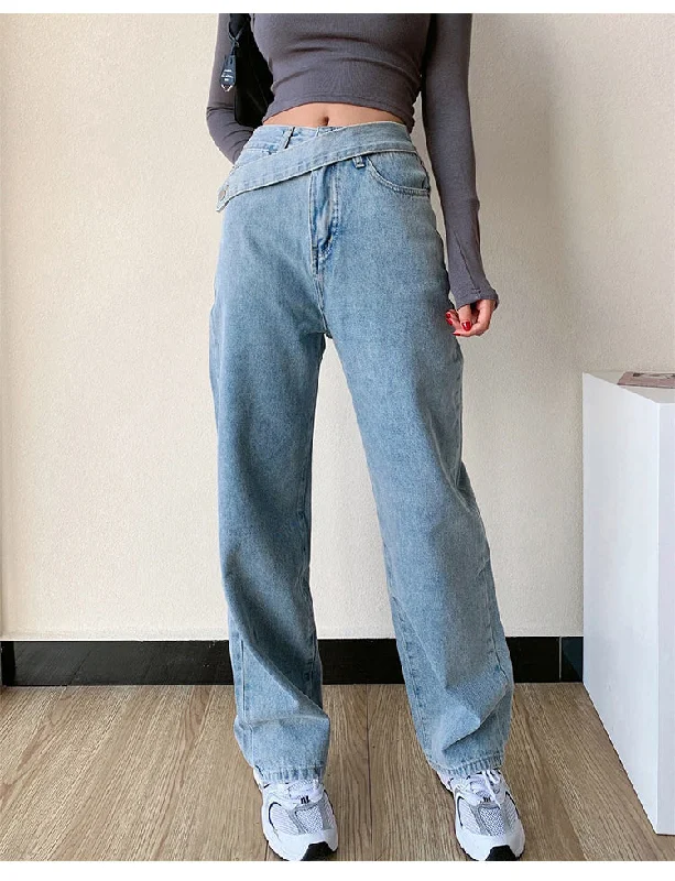 women's denim jeans for a flattering silhouetteKittenAlarm - High Waist Irregular Zipper Button Wide Leg Jeans Pants