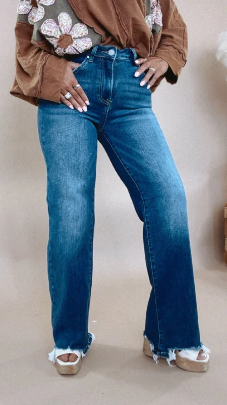 women's short denim jeansBlake Wide Leg Denim Jeans Dark, RISEN