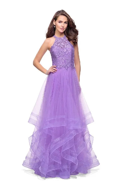 Formal Dress for Awards CeremoniesLa Femme - 25671 High Halter Lace Bodice Tiered Tulle Gown