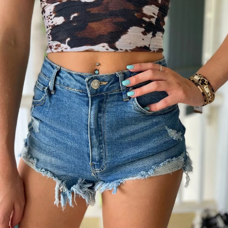 women's denim jeans with floral embroideryDistressed Fray Denim Shorts