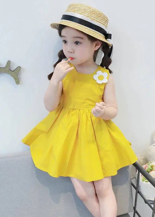 elegant midi dressesLovely Yellow Floral Patchwork Cotton Girls Mid Dresses Sleeveless