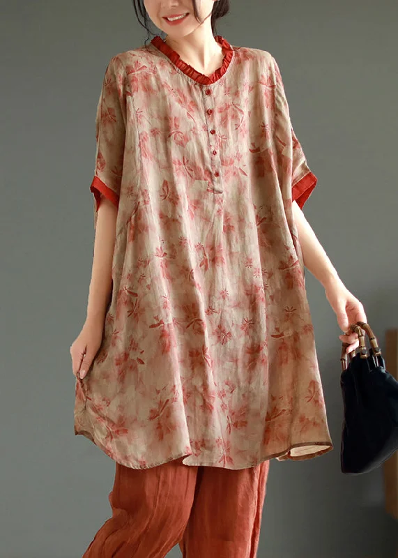 lined midi dressesElegant Red Ruffled Print Patchwork Linen Mid Dress Summer