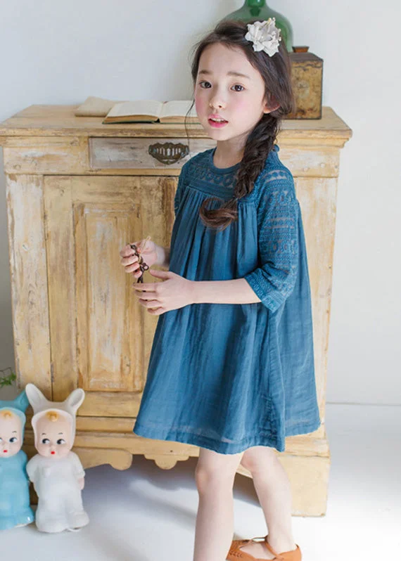 floral midi dressesBlue O-Neck Wrinkled Cotton Girls Mid Dresses Half Sleeve