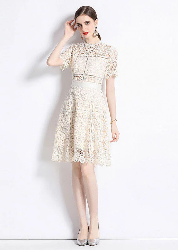 midi dresses made of silkChic Apricot Embroideried Hollow Out Patchwork Lace Mid Dress Summer