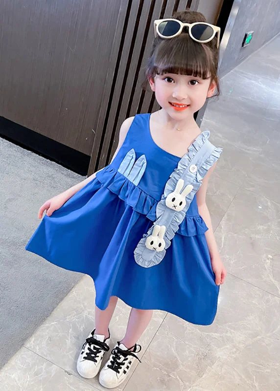 long-sleeved midi dressesBoutique Blue Asymmetrical Patchwork Ruffled Kids Vacation Mid Dress Sleeveless