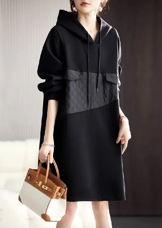 high-low midi dressesLoose Black Hooded Lace Up Patchwork Cotton Mid Dress Spring