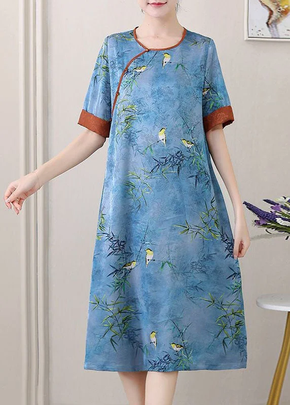 breathable midi dressesRetro Blue O-Neck Jacquard Side Open Patchwork Silk Mid Dress Summer