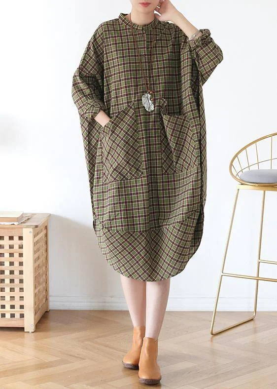 midi dresses without sleevesWomen Green Plaid Long Shirt Mid Spring Cotton Dress