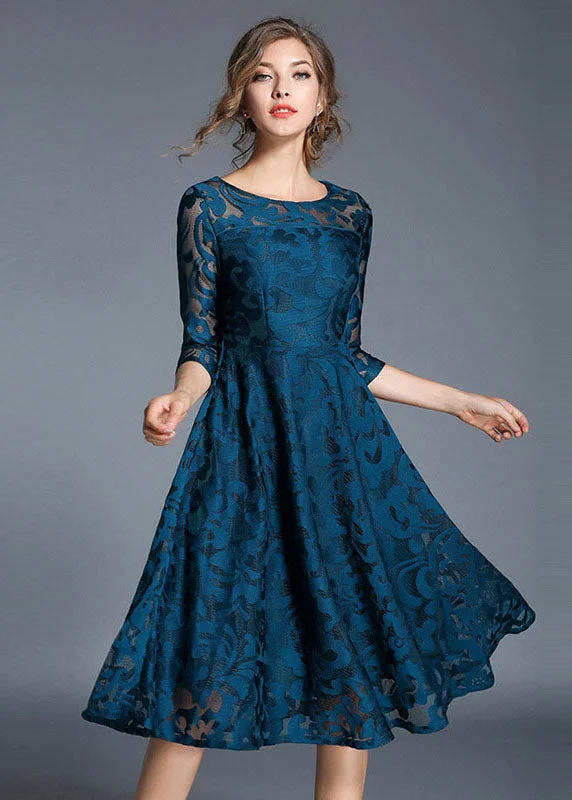 women's midi dressesWomen Blue Jacquard Wrinkled Patchwork Lace Mid Dress Summer