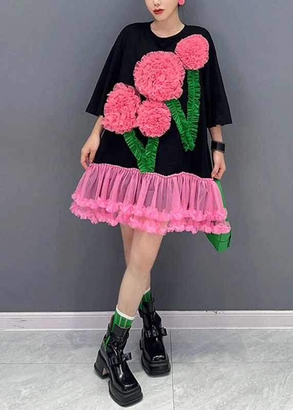 ruffled midi dressesItalian Black O-Neck Floral Tulle Patchwork Mid T Shirts Dress Long Sleeve