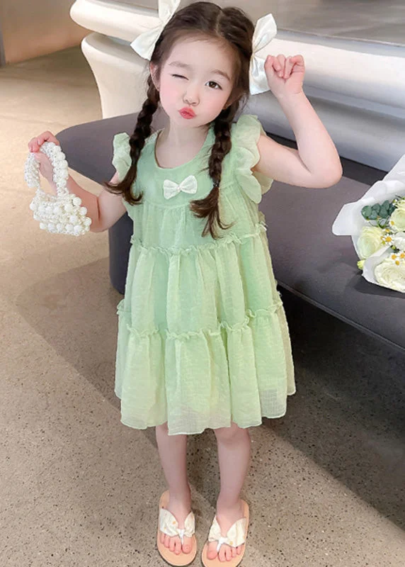 open-back midi dressesLight Green O-Neck Tulle Girls Mid Dresses Short Sleeve