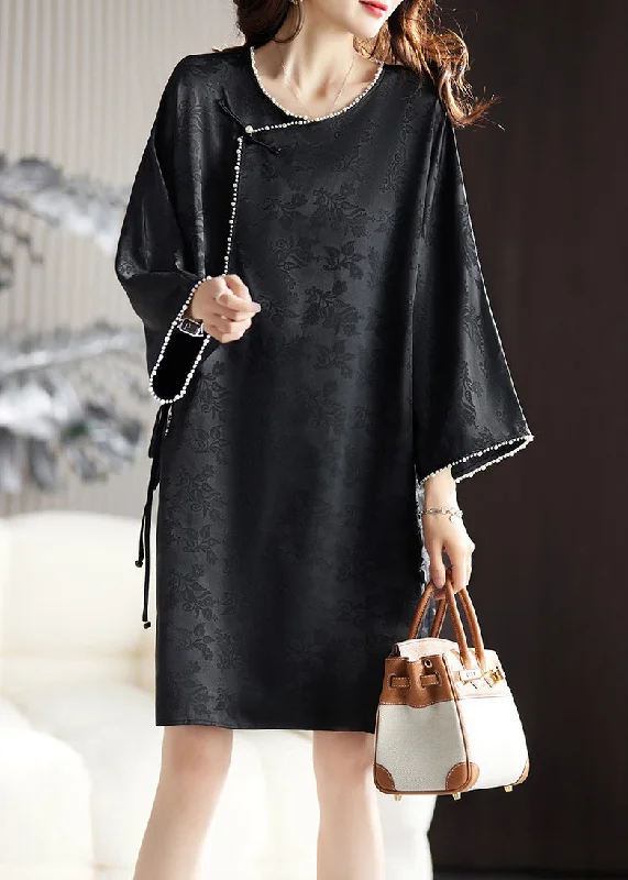 lace-trimmed midi dressesJacquard Black Nail Bead Lace Up Silk Mid Dress Spring