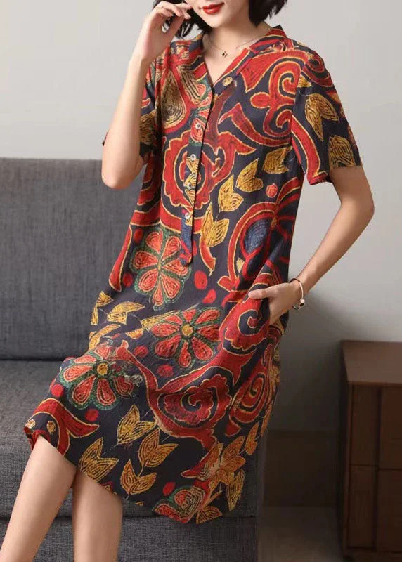 tie-waist midi dressesBohemian Red V Neck Button Print Patchwork Cotton Mid Dress Summer