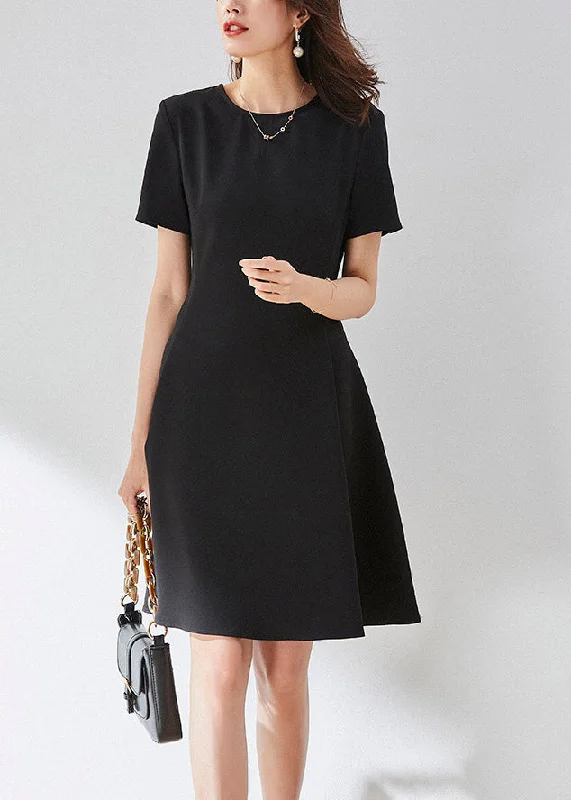 cotton midi dressesVogue Black O-Neck Solid Mid Dress Summer