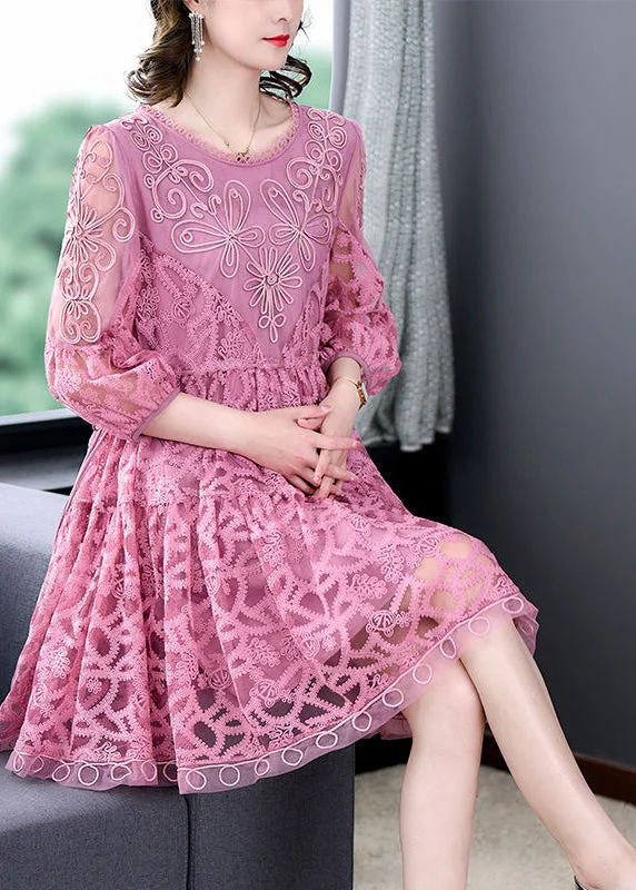 midi dresses for partiesWomen Pink Embroideried Tie Waist Lace Mid Dress Bracelet Sleeve