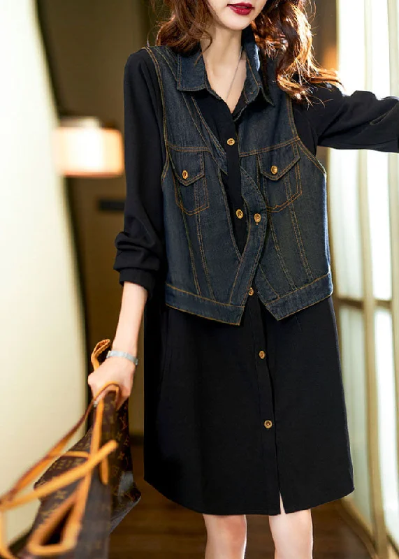 off-the-shoulder midi dressesVintage Black Square Collar Denim Patchwork Fake Two Pieces Mid Dress Long Sleeve