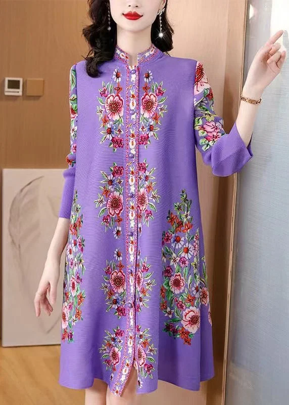 comfortable midi dressesItalian Purple Stand Collar Print Wrinkled Cotton Mid Dress Spring