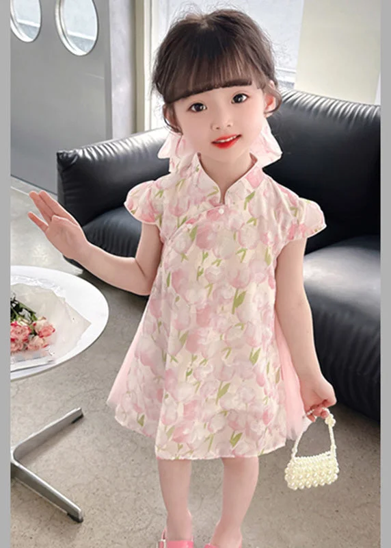 mid-length midi dressesStyle Pink Stand Collar Print Tulle Patchwork Button Girls Mid Dress Short Sleeve