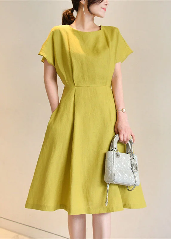 sleeveless midi dressesOrganic Yellow O Neck Bow Wrinkled Cotton Mid Dress Summer