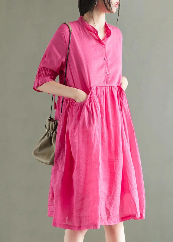 midi dresses for special occasionsModern Rose Stand Collar Patchwork Ramie Mid Dress Summer