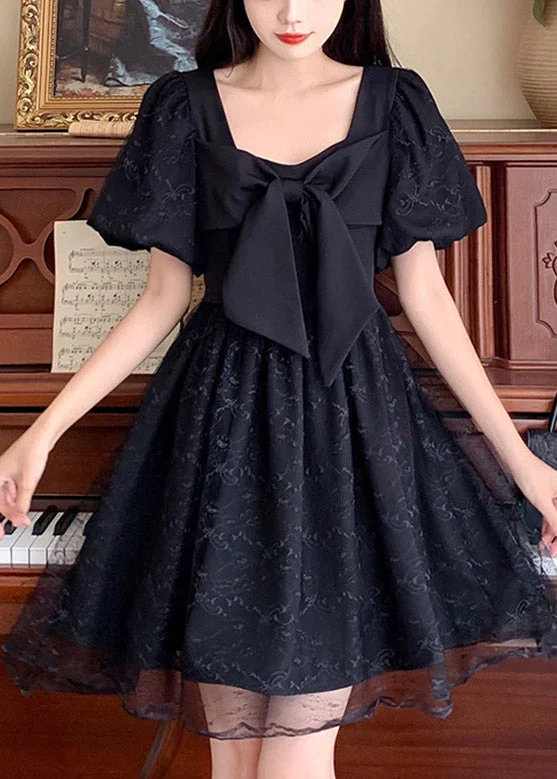 plus-size formal midi dressesUnique Black Square Collar Patchwork Bow Tulle Mid Dresses Summer