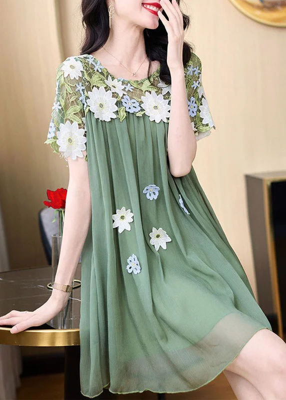 wrap-around midi dressesBoho Green O-Neck Embroideried Patchwork Tulle Mid Dresses Short Sleeve