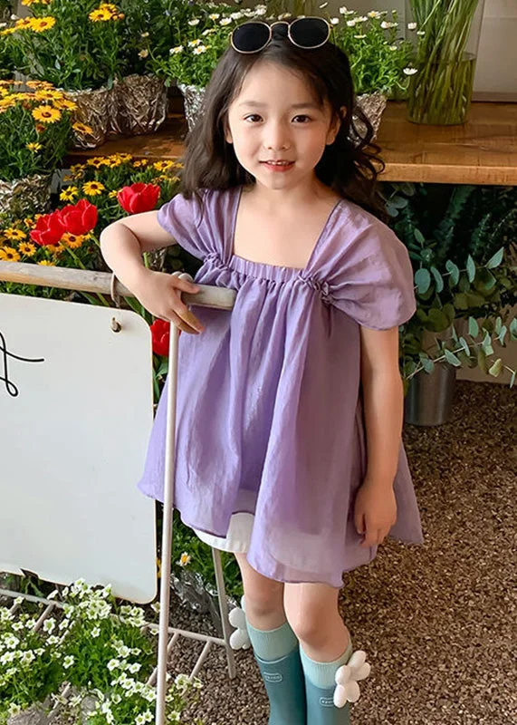 flowy midi dressesModern Purple Slash Neck Patchwork Wrinkled Solid Chiffon Girls Mid Dress Summer