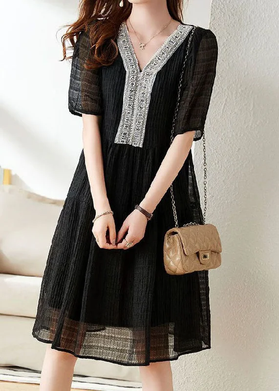 quick-dry midi dressesBlack Patchwork Cotton Mid Dress V Neck Nail Bead Wrinkled Summer