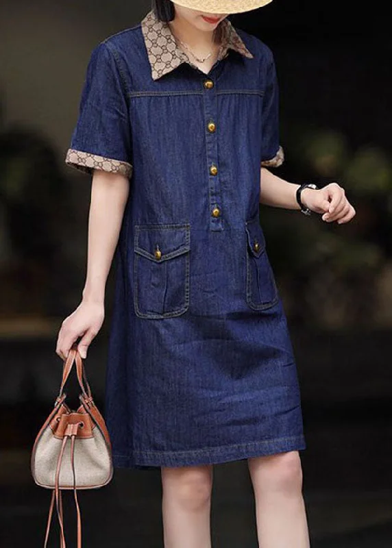 elegant midi dressesModern Navy Peter Pan Collar Patchwork Denim Mid Dress Summer