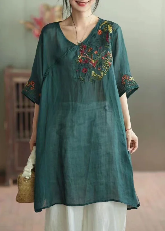 affordable midi dressesGreen Patchwork Linen Mid Dress V Neck Embroideried Summer