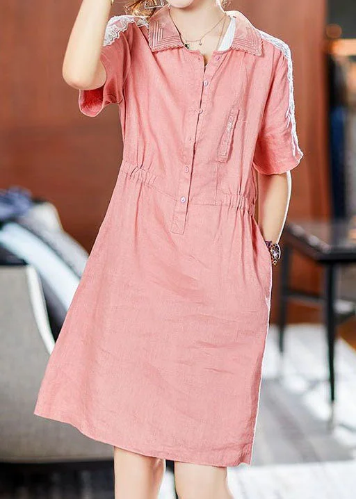 plus-size casual midi dressesItalian Pink Peter Pan Collar Lace Patchwork Cotton Mid Dress Summer