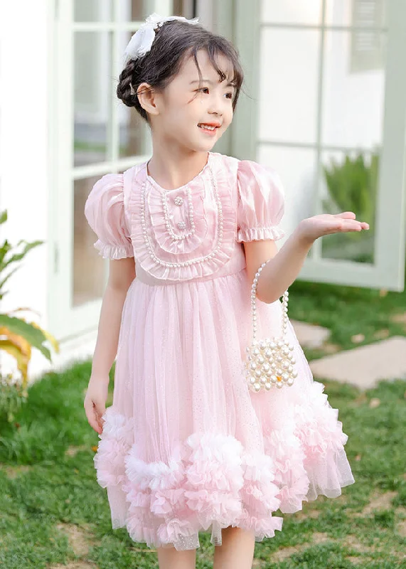 midi dresses with adjustable strapsBoutique Pink Puff Sleeve Nail Bead Tulle Baby Girls Mid Dress Summer