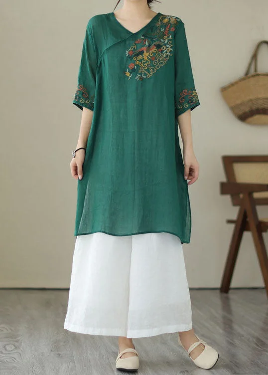 chic midi dressesRetro Green Embroideried Patchwork Linen Mid Dresses Summer