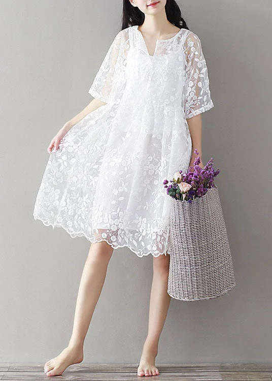 midi dresses for autumnBohemian White Embroideried Lace Patchwork Tulle Mid Dress Summer