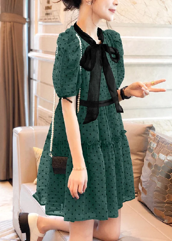 boho midi dressesArt Green O-Neck Ruffled Dot Patchwork Bow Chiffon Mid Dress Puff Sleeve