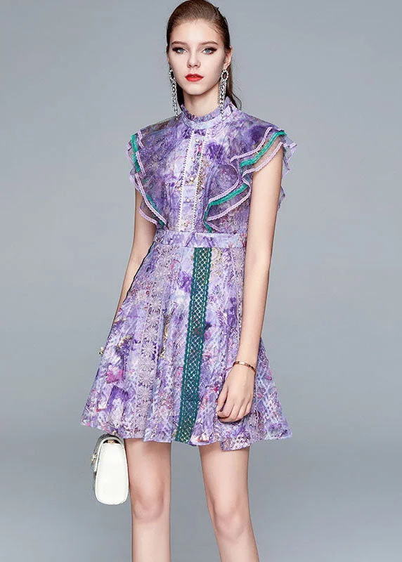 midi shift dressesItalian Purple Ruffled Hollow Out Patchwork Lace Mid Dress Summer