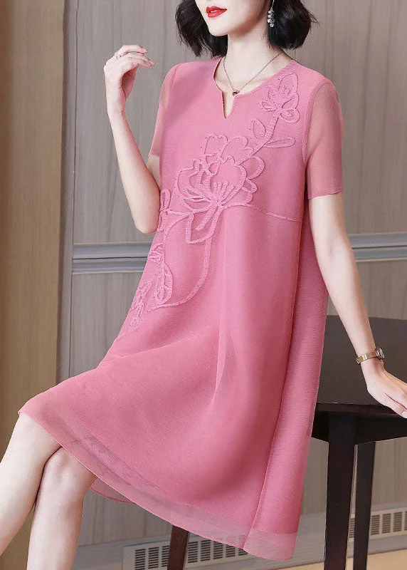 work-appropriate midi dressesDIY Pink V Neck Embroidered Nail Bead Tulle Mid Dresses Short Sleev