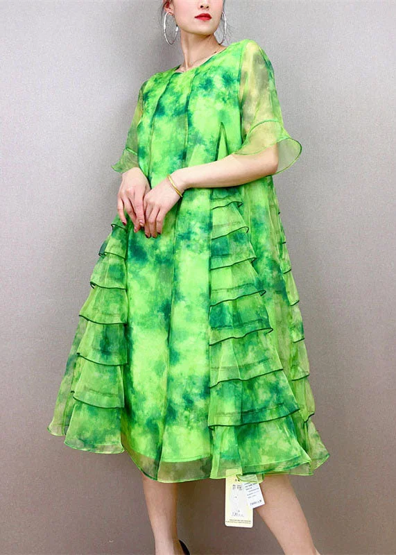 midi dresses with pockets and sleevesArt Green O-Neck Ruffled Patchwork Tulle Mid Dress Summer