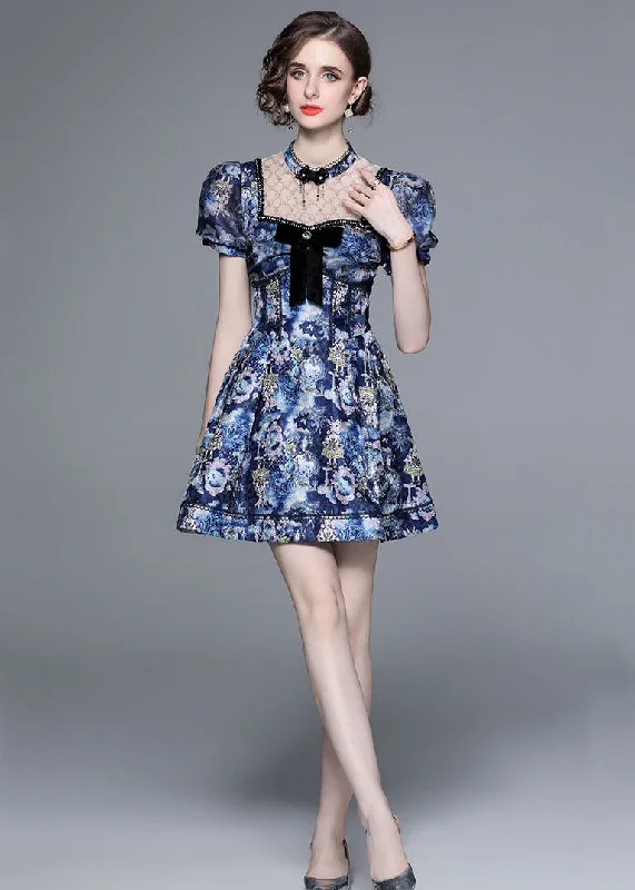 short sleeve midi dressesNew Blue Bow Wrinkled Print Patchwork Cotton Mid Dress Puff Sleeve