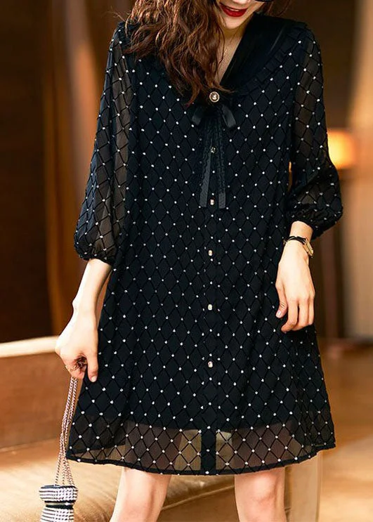 long-sleeved midi dressesStylish Black Bow Print Patchwork Chiffon Mid Dress Summer